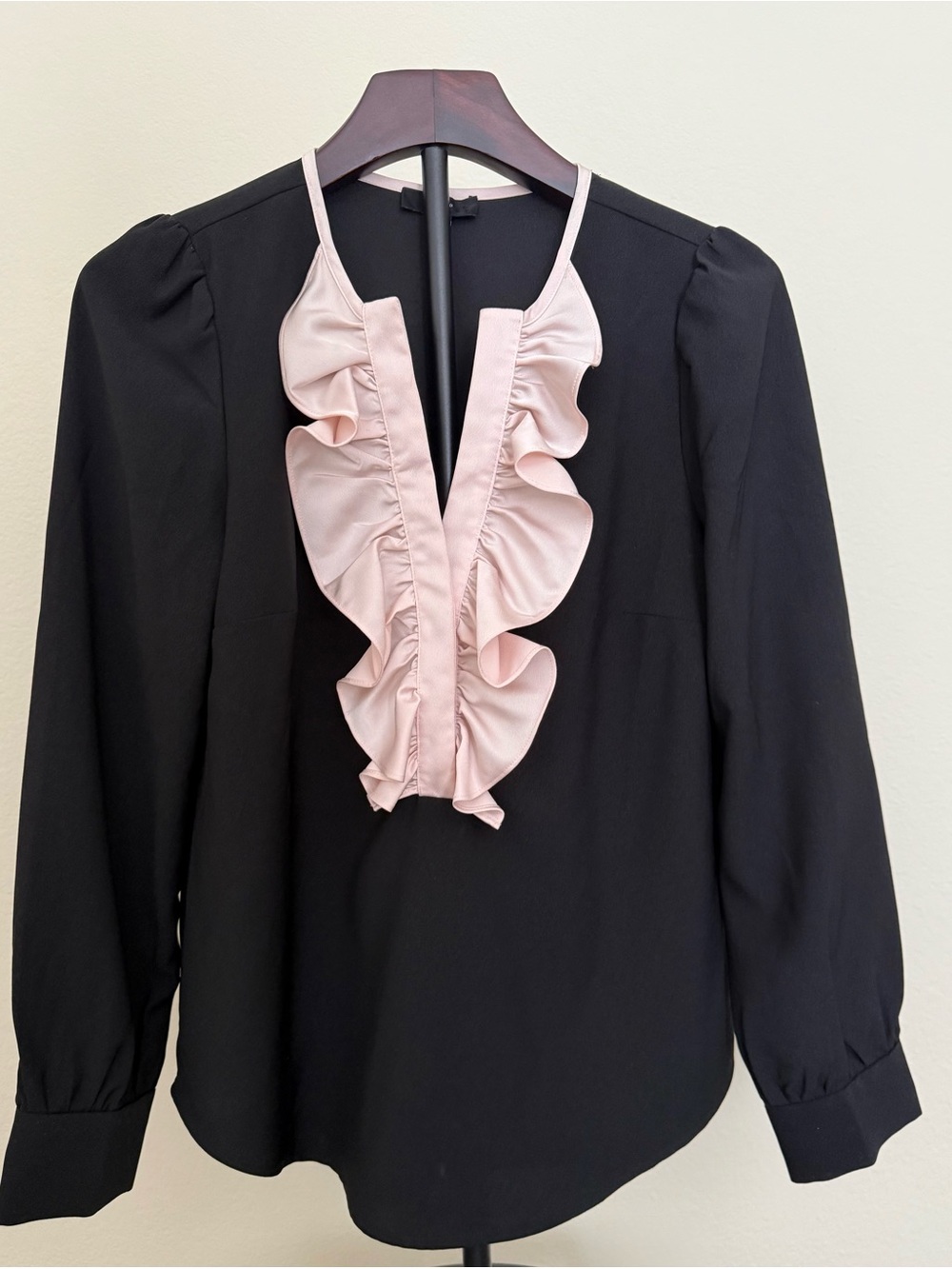 J. Crew Black Blouse with Pale Pink Ruffle Placket